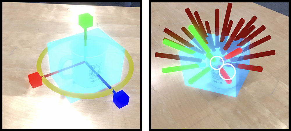 Cup with holographic cube overlayed. Shows an interface for placing holocubes and also collecting training images.